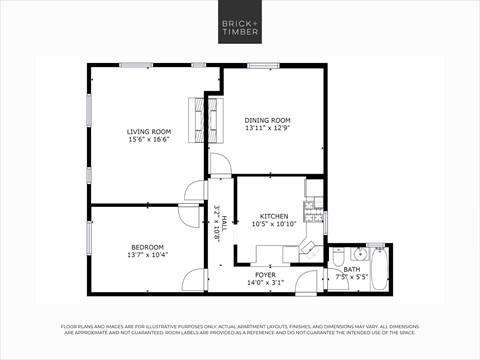 Floor plan for 3 beds, 1 bath, 867 sqft
